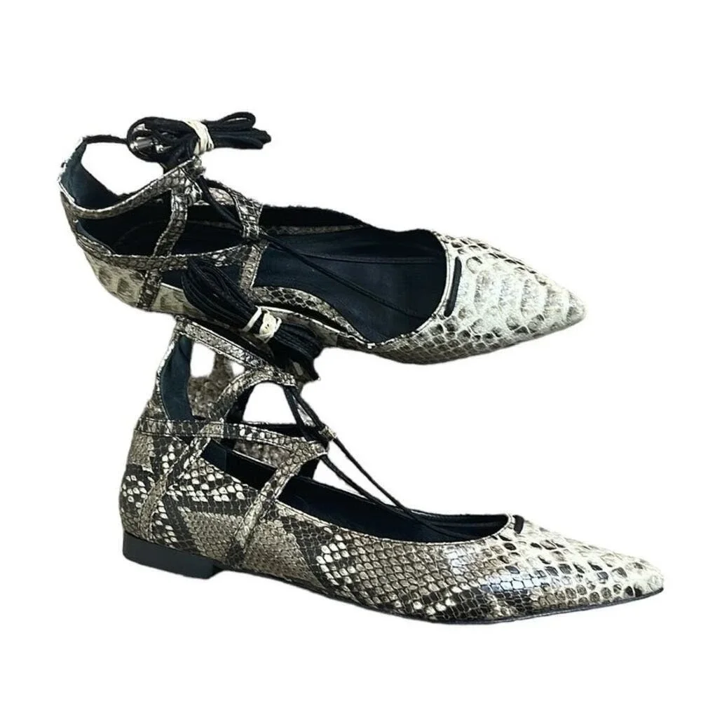 Schutz Beryl Snake Print Lace Up Strappy ‎ Pointy Toe Ballet Flats Size 8